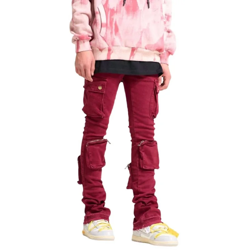 Shop trendy clothing at amazing prices – exclusive deals! Men's Never Look Back Cargo Flare Stack Denim Jean In Burgundy Shop trendy clothing at amazing prices – exclusive deals! Men's Never Look Back Cargo Flare Stack Denim Jean In Burgundy