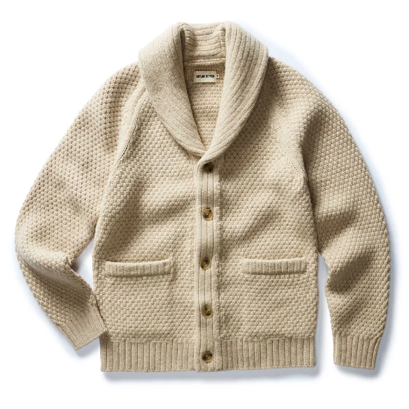 Shop clothing essentials at a fraction of the price – The Fisherman Shawl Cardigan in Heather Oat Merino Shop clothing essentials at a fraction of the price – The Fisherman Shawl Cardigan in Heather Oat Merino