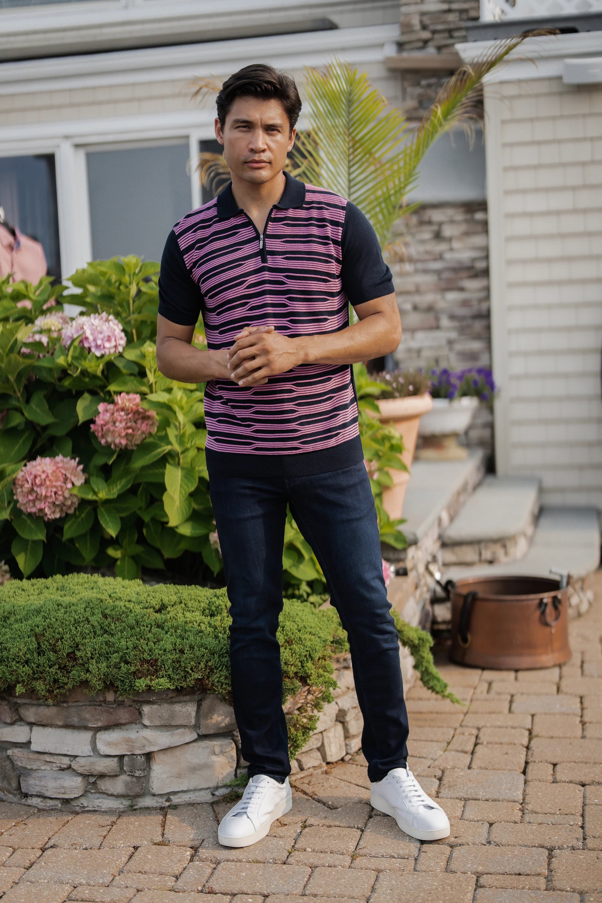 Seasonal sale  Navy with Pink Short Sleeve Knit Polo