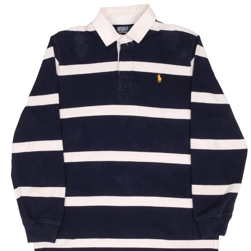 Exclusive online offer: Save 30% on all men's clothing. VINTAGE RALPH LAUREN BLUE & WHITE STRIPED RUGBY POLO SHIRT 1990S SIZE LARGE Exclusive online offer: Save 30% on all men's clothing. VINTAGE RALPH LAUREN BLUE & WHITE STRIPED RUGBY POLO SHIRT 1990S SIZE LARGE