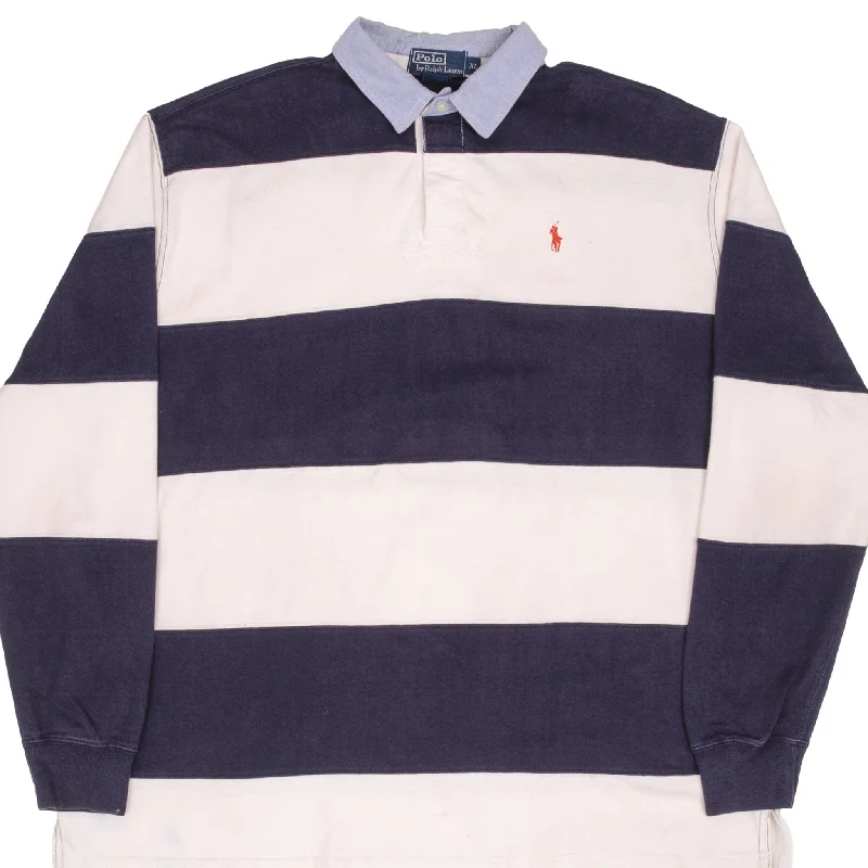 Shop new arrivals in clothing and save – VINTAGE RALPH LAUREN BLUE & WHITE STRIPED RUGBY POLO SHIRT 1990S SIZE XL Shop new arrivals in clothing and save – VINTAGE RALPH LAUREN BLUE & WHITE STRIPED RUGBY POLO SHIRT 1990S SIZE XL