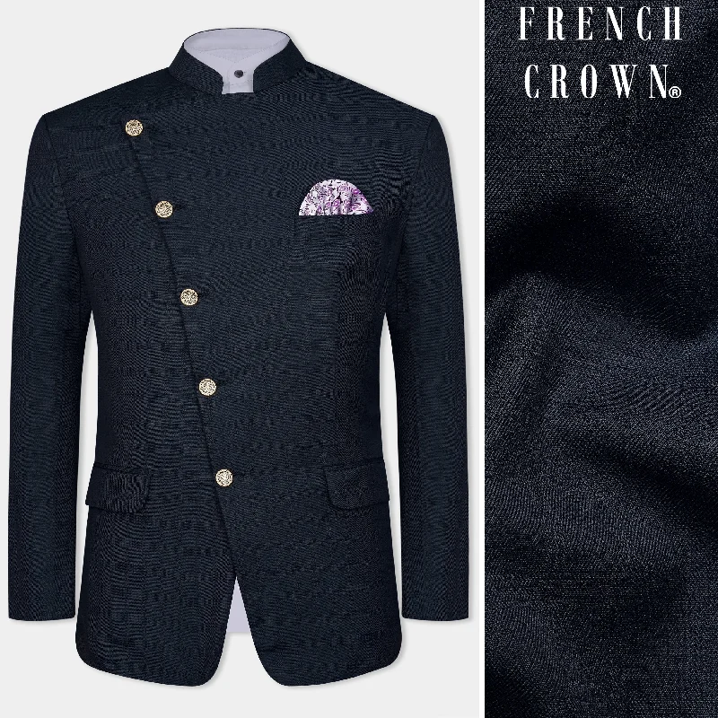 Get trendy clothes for less – Big savings on fashion basics!  Baltic Blue Subtle Checkered Cross Placket Bandhgala Wool Rich Blazer