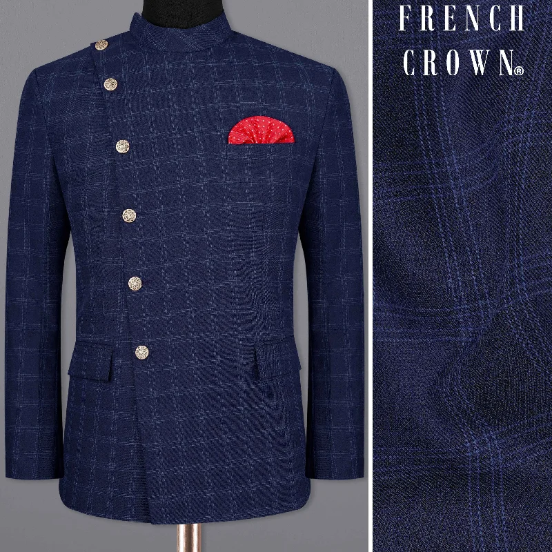 Huge savings on popular clothing styles – Baltic Sea Blue Windowpane Cross Placket Bandhgala Blazer Huge savings on popular clothing styles – Baltic Sea Blue Windowpane Cross Placket Bandhgala Blazer
