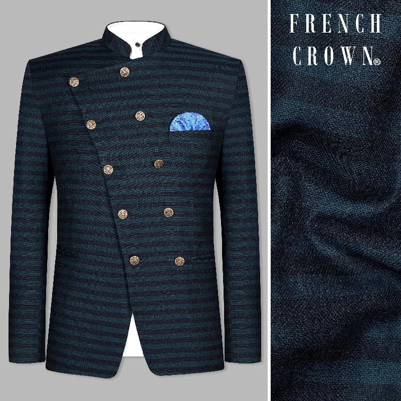 Massive markdowns on clothing items you love – Hurry before they’re gone! Bluish Blue And Jade Black Striped Cross Placket Bandhgala Blazer Massive markdowns on clothing items you love – Hurry before they’re gone! Bluish Blue And Jade Black Striped Cross Placket Bandhgala Blazer