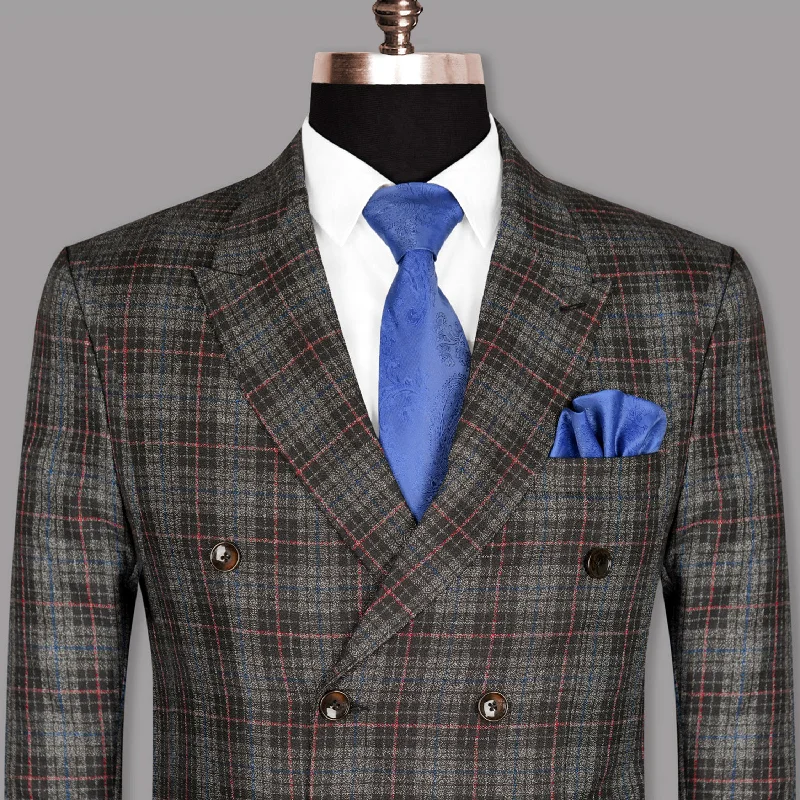 Buy more, save more –  Charcoal Windowpane Wool Rich Double Breasted Blazer