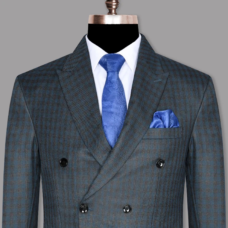 Shop exclusive offers on men’sapparel Charcoal with Sapphire Blue Checked Wool Blend Double Breasted Blazer Shop exclusive offers on men’sapparel Charcoal with Sapphire Blue Checked Wool Blend Double Breasted Blazer
