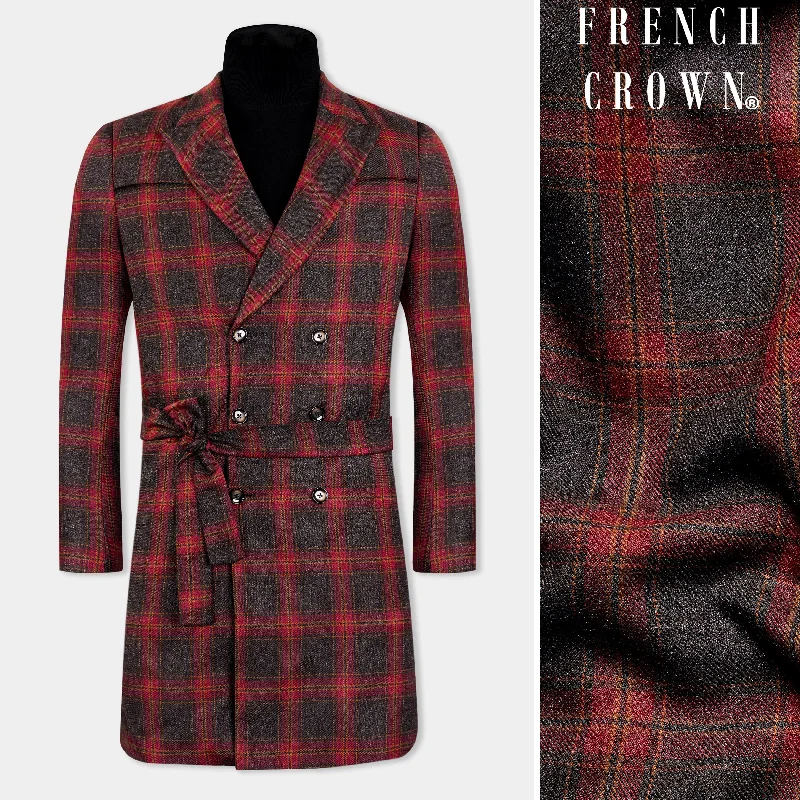 Big discounts – don’t miss out! Claret Red and Walnut Brown Tweed Plaid Double Breasted Designer Trench Coat Big discounts – don’t miss out! Claret Red and Walnut Brown Tweed Plaid Double Breasted Designer Trench Coat