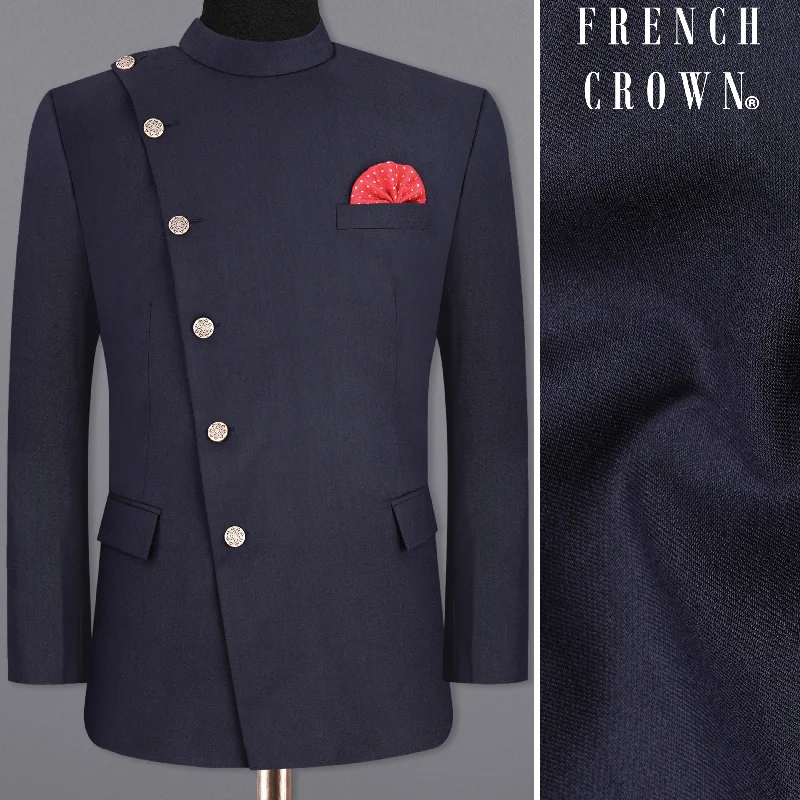 Shop clothing essentials at a fraction of the price – Gunmetal Blue Cross Placket Bandhgala Blazer Shop clothing essentials at a fraction of the price – Gunmetal Blue Cross Placket Bandhgala Blazer