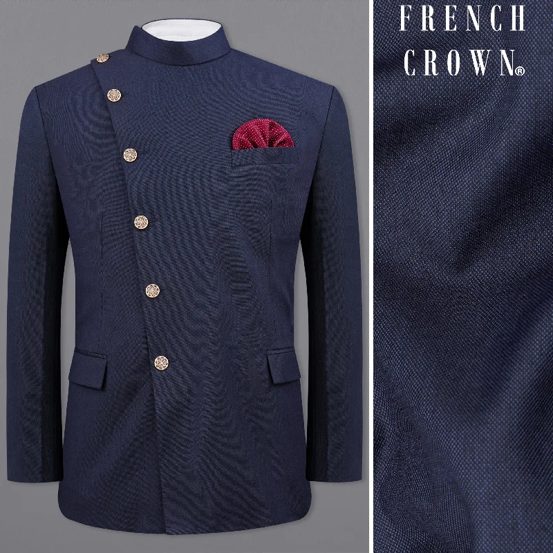 Shop now and enjoy massive savings on stylish clothing for all seasons. Gunmetal Navy Blue Cross Placket Bandhgala Blazer Shop now and enjoy massive savings on stylish clothing for all seasons. Gunmetal Navy Blue Cross Placket Bandhgala Blazer