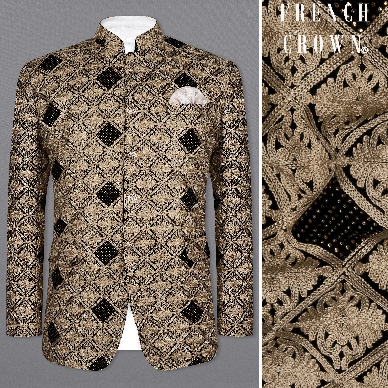 Seasonal sale Muesli Brown with Asphalt Black Diamond Work with Cotton Thread Heavy Embroidered Bandhgala Designer Indo-Western Blazer Seasonal sale Muesli Brown with Asphalt Black Diamond Work with Cotton Thread Heavy Embroidered Bandhgala Designer Indo-Western Blazer