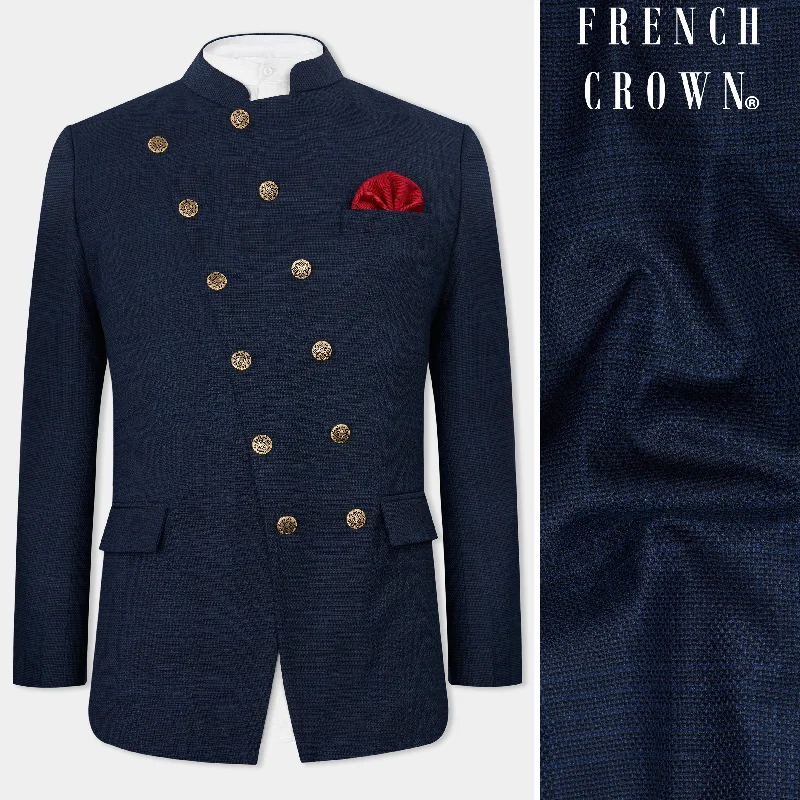 Save on stylish, high-quality clothing for every occasion – Prussian Blue Subtle Checkered Cross Placket Bandhgala Wool Rich Blazer Save on stylish, high-quality clothing for every occasion – Prussian Blue Subtle Checkered Cross Placket Bandhgala Wool Rich Blazer