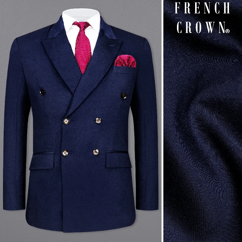 Limited-time promo – up to 70% off on men's essentials.  Space Blue Subtle Sheen Double Breasted Blazer