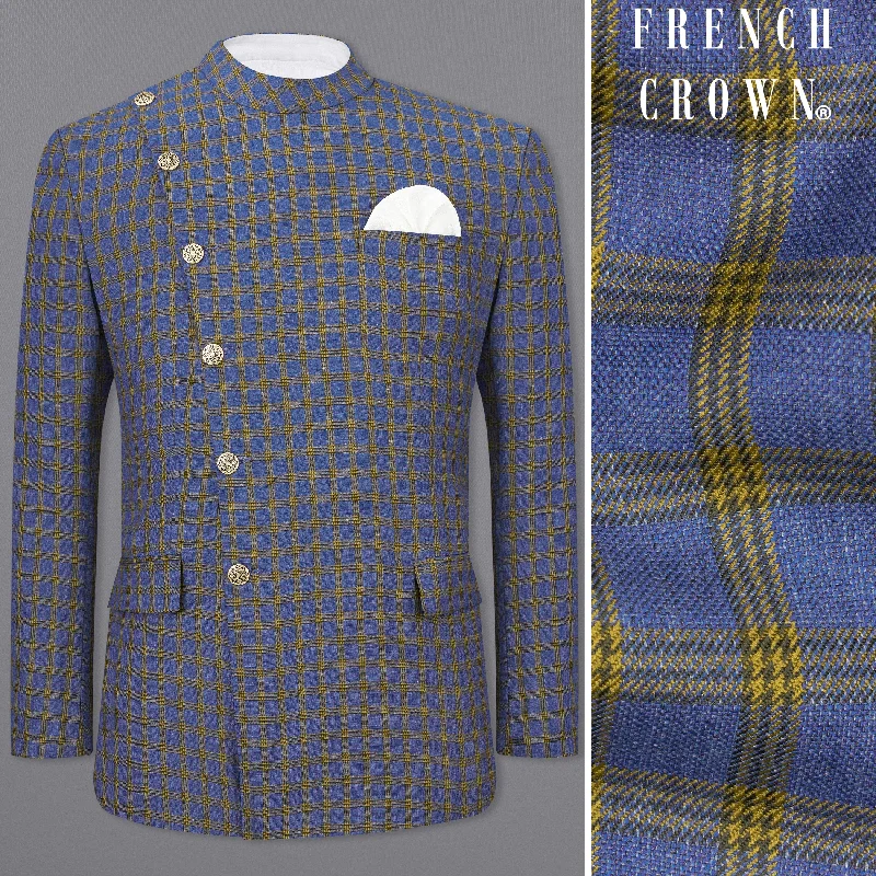 – Shop trendy clothing now.  Twilight Blue with Alpine Brown Plaid Cross Placket Bandhgala Blazer