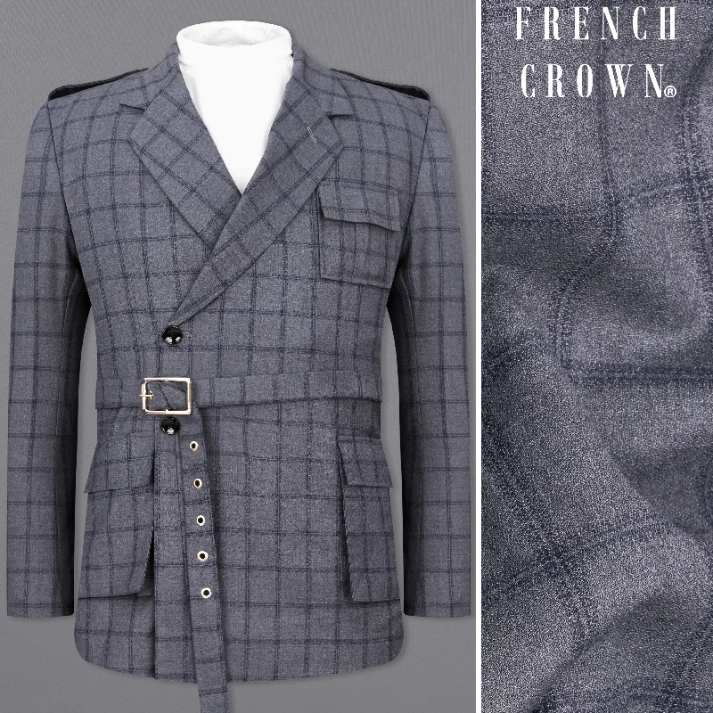 Limited-time offer! Wenge Gray Windowpane Double Breasted Designer Blazer with Belt Closure Limited-time offer! Wenge Gray Windowpane Double Breasted Designer Blazer with Belt Closure