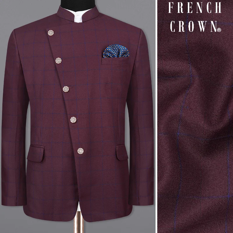 Huge savings on all categories of clothing – Shop our seasonal sale.  Wine Berry With Haiti Blue Windowpane Cross Placket Bandhgala Blazer