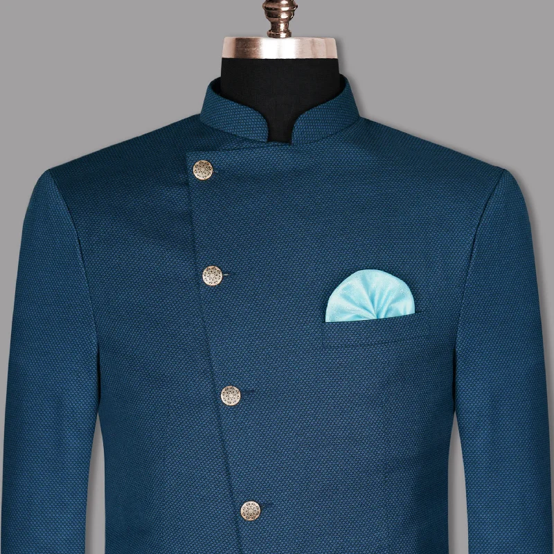 Don’t wait – shop the biggest sale of the season on men’s clothing! Yale Blue Subtle Diamond Textured Cross Placket Bandhgala/Mandarin Wool-Silk blend Blazer Don’t wait – shop the biggest sale of the season on men’s clothing! Yale Blue Subtle Diamond Textured Cross Placket Bandhgala/Mandarin Wool-Silk blend Blazer