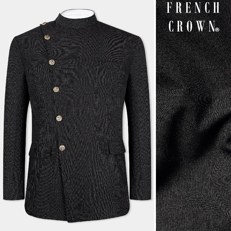 Flash sale alert! Shop fashion-forward clothing at discounted prices. Zeus Black Wool Rich Cross Placket Bandhgala Blazer Flash sale alert! Shop fashion-forward clothing at discounted prices. Zeus Black Wool Rich Cross Placket Bandhgala Blazer