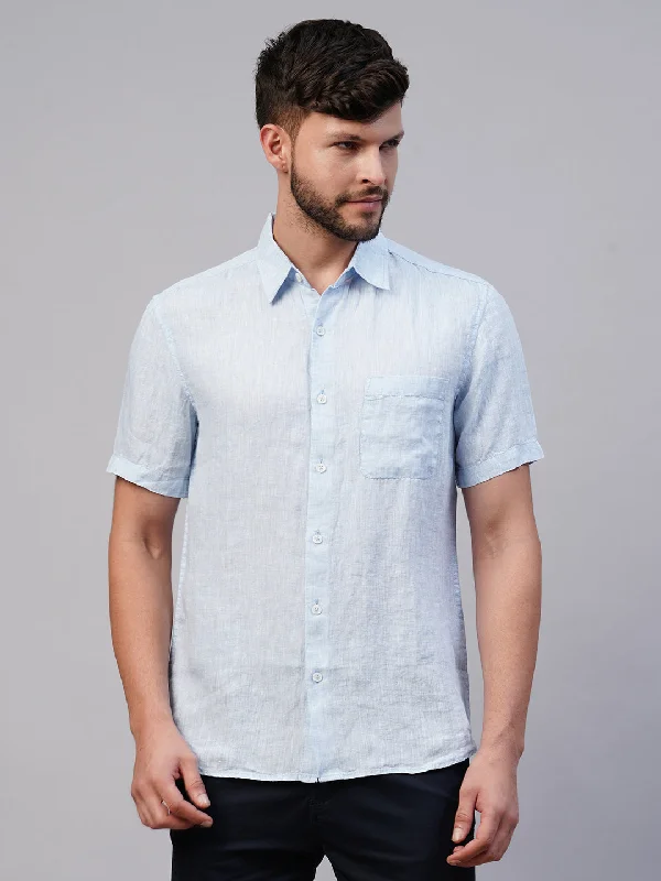Shop now and enjoy massive savings on stylish clothing for all seasons. Men's 100% Linen Sky Blue Regular Fit Short Sleeved Shirt Shop now and enjoy massive savings on stylish clothing for all seasons. Men's 100% Linen Sky Blue Regular Fit Short Sleeved Shirt