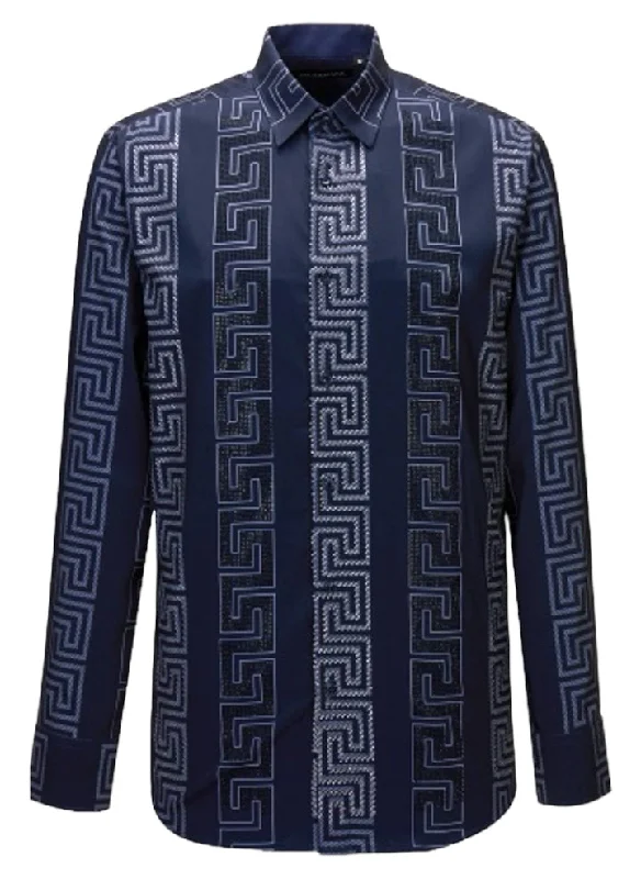 Shop men’s fashion at discount prices and save up to 70%! Navy Blue Men's Long Sleeve Shirt Stretch Material Greek Key Print with Dimond Stone Shop men’s fashion at discount prices and save up to 70%! Navy Blue Men's Long Sleeve Shirt Stretch Material Greek Key Print with Dimond Stone