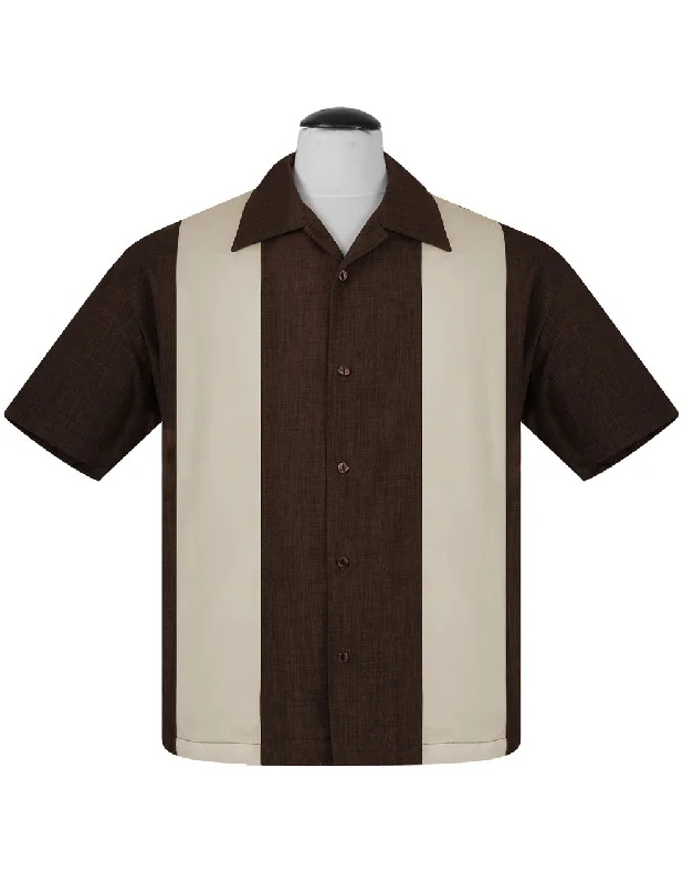 Flash sale alert! Shop fashion-forward clothing at discounted prices. PopCheck Double Panel Bowling Shirt in Brown/Stone Flash sale alert! Shop fashion-forward clothing at discounted prices. PopCheck Double Panel Bowling Shirt in Brown/Stone