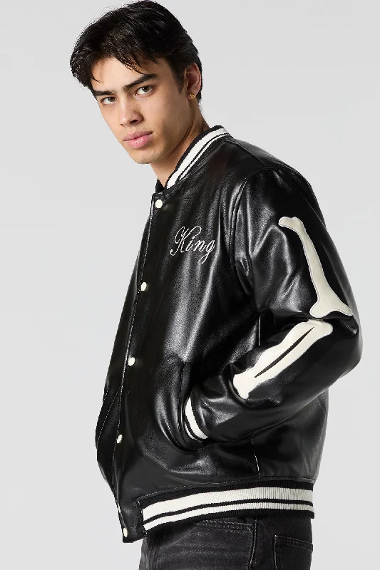 Shop the latest fashion trends with huge savings on all clothing. Faux Leather Bone Sleeve Varsity Jacket Shop the latest fashion trends with huge savings on all clothing. Faux Leather Bone Sleeve Varsity Jacket
