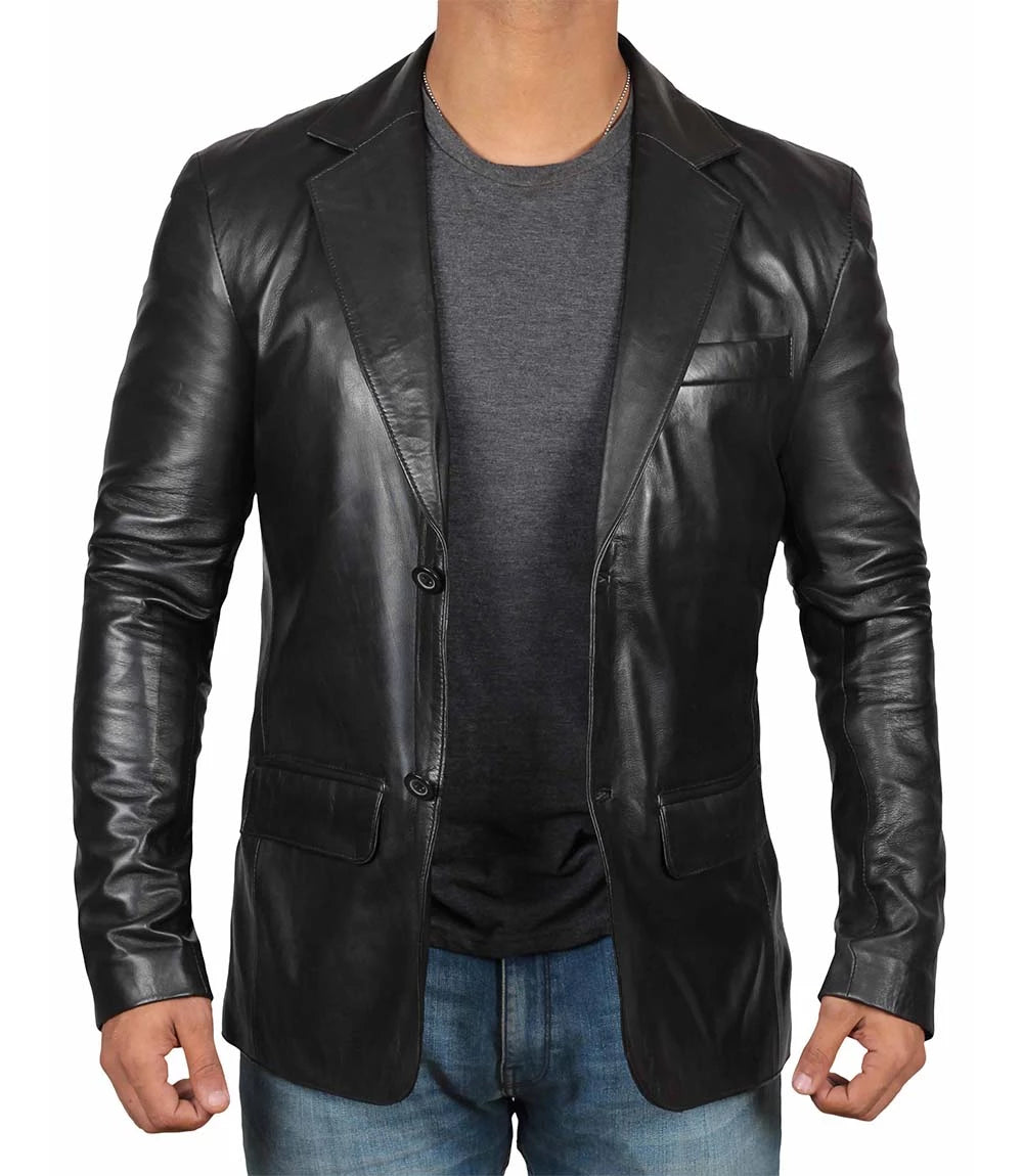 Shop now and save up to 40% on men’s wardrobe essentials. Mens Notch Lapel Two Button Black Leather Blazer Shop now and save up to 40% on men’s wardrobe essentials. Mens Notch Lapel Two Button Black Leather Blazer